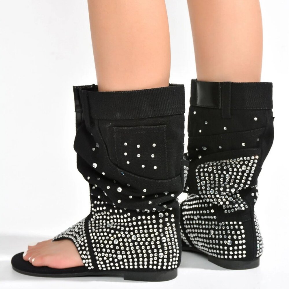 NEWπ₯ Rhinestone Embellished Slouchy Jean Sandals Mid-Calf Boots Thong Open Toe - Picture 4 of 6